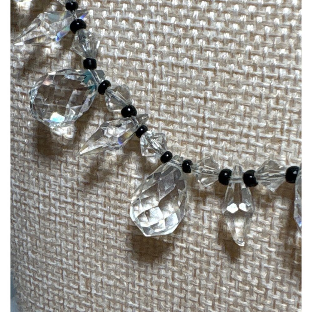 Crystal & Black Bead Necklace With Brass Clasp Vintage 16"
